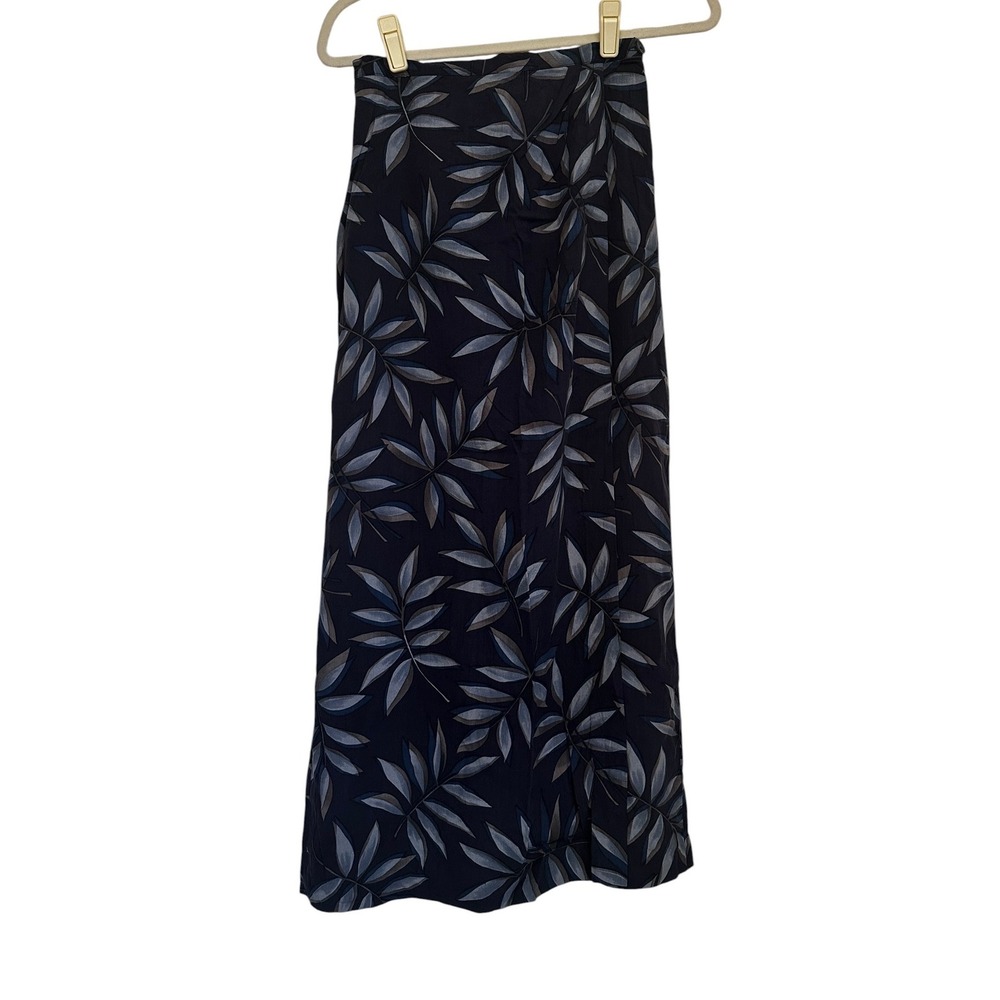 Botanical Leaf Print Blue Maxi Skirt Elastic Waist Faux Wrap Front‎ Detail  8